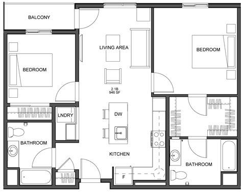 Floor plan for 2 beds, 2 baths, 946 sqft